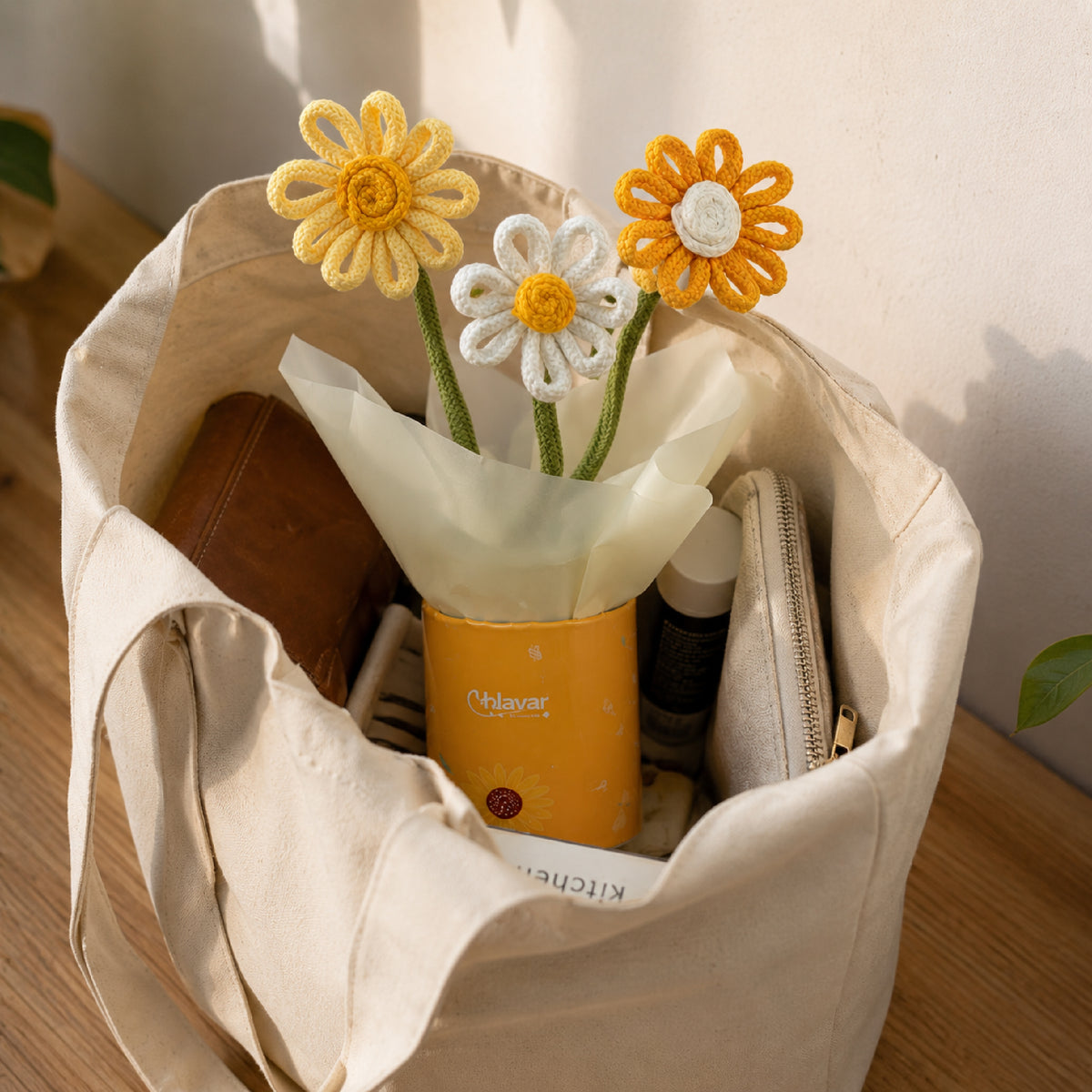 Sunshine Pop – Yellow Daisy Knitted Flower Pot with Fragrance Roll-On