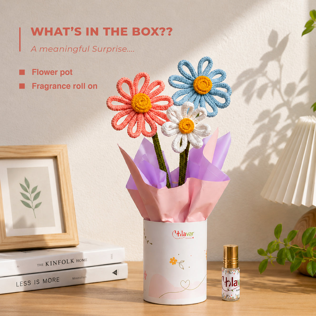 Pastel Bloom – Pastel knitted Flower Pot with Fragrance Roll-On