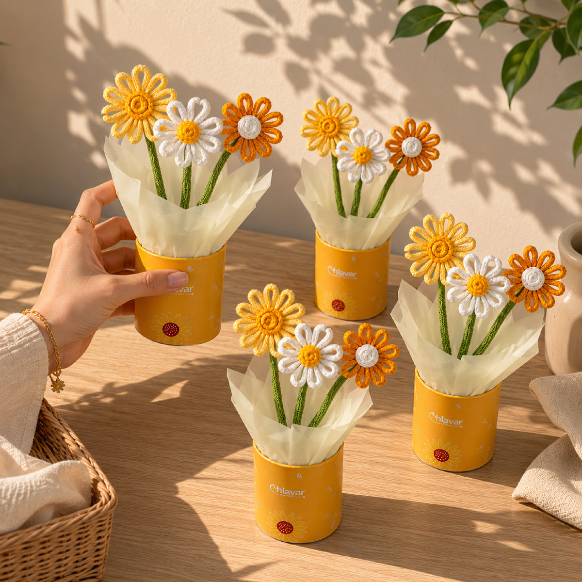 Sunshine Pop – Yellow Daisy Knitted Flower Pot with Fragrance Roll-On