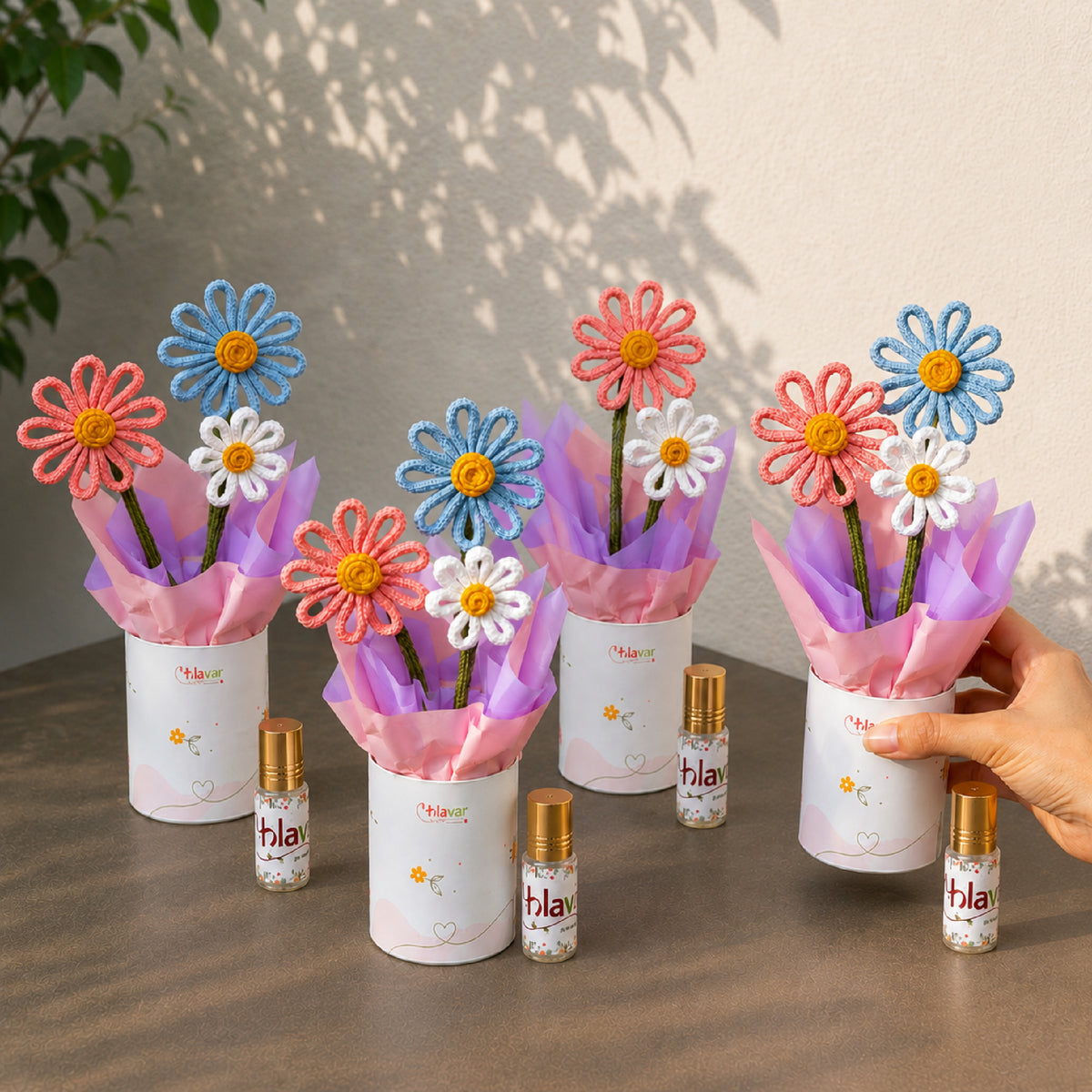 Pastel Bloom – Pastel knitted Flower Pot with Fragrance Roll-On