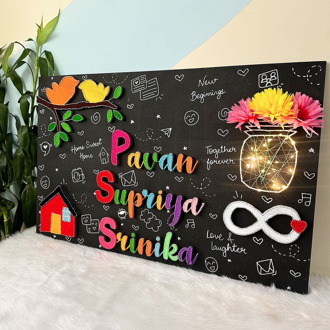 Crafted Expressions: Personalized Thread Art Name Plate with Three Names