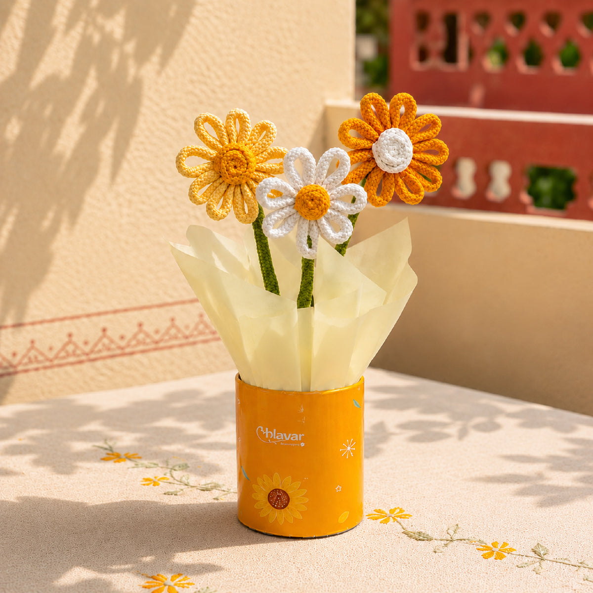 Sunshine Pop – Yellow Daisy Knitted Flower Pot with Fragrance Roll-On