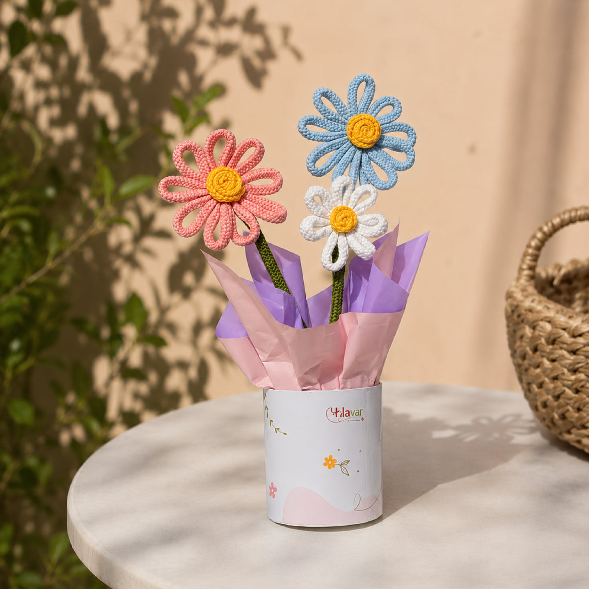 Pastel Bloom – Pastel knitted Flower Pot with Fragrance Roll-On