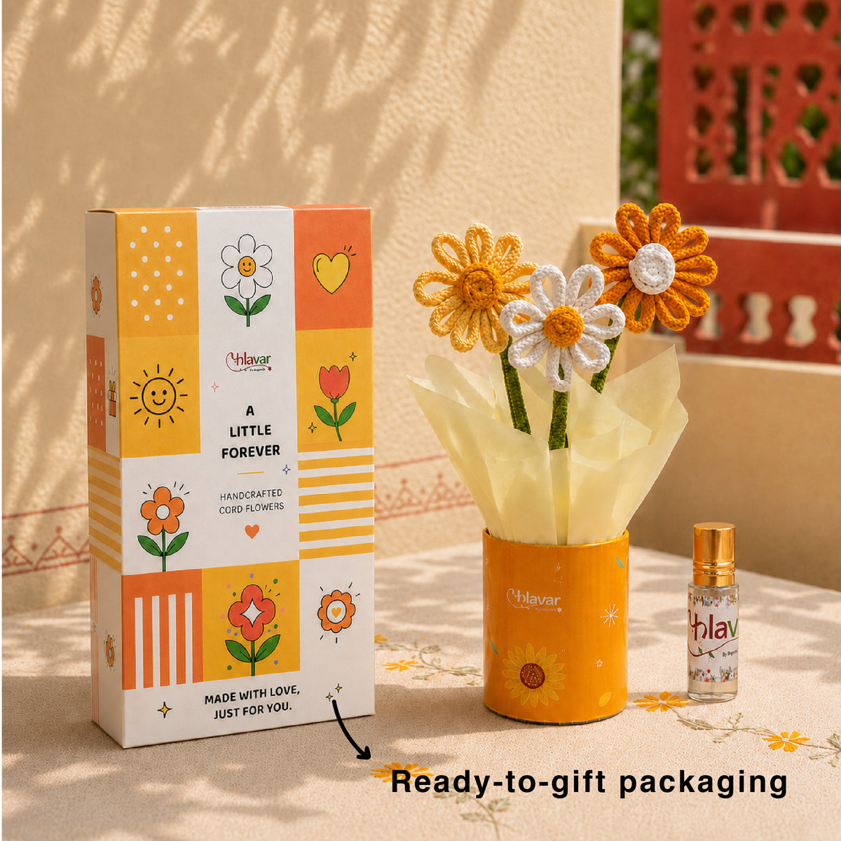 Sunshine Pop – Yellow Daisy Knitted Flower Pot with Fragrance Roll-On