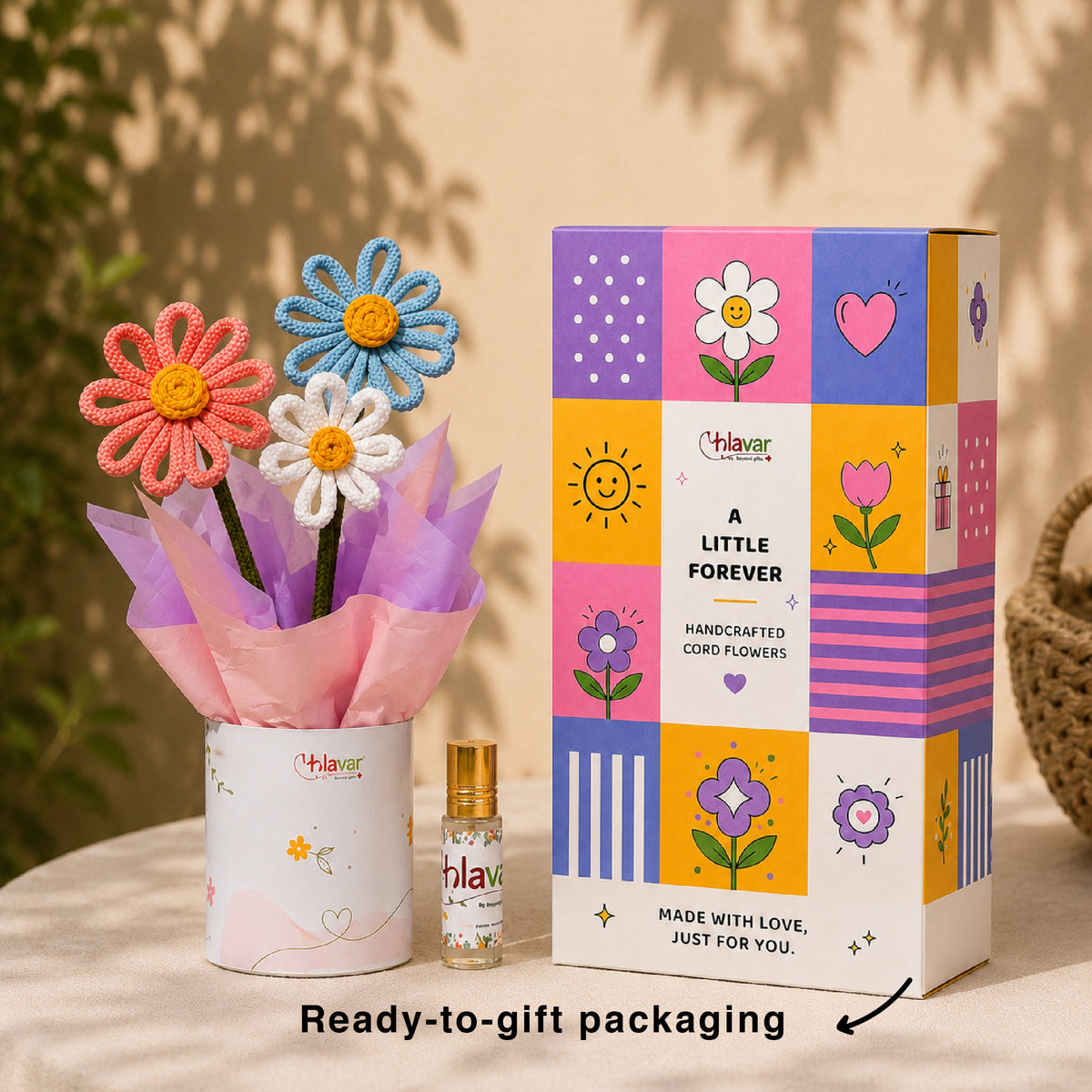 Pastel Bloom – Pastel knitted Flower Pot with Fragrance Roll-On
