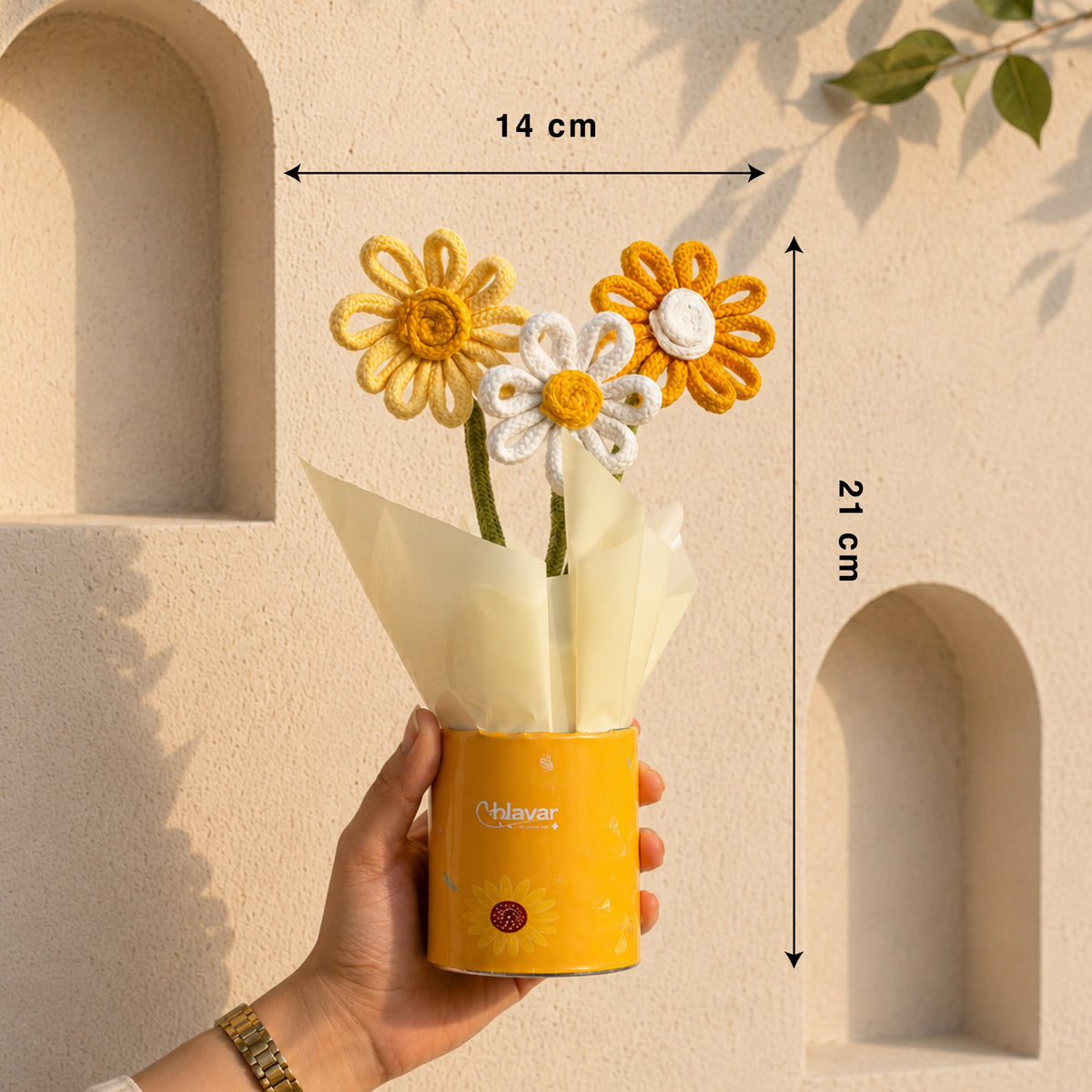 Sunshine Pop – Yellow Daisy Knitted Flower Pot with Fragrance Roll-On