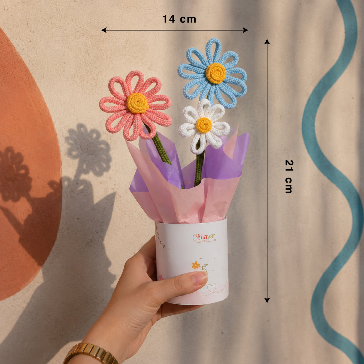 Pastel Bloom – Pastel knitted Flower Pot with Fragrance Roll-On