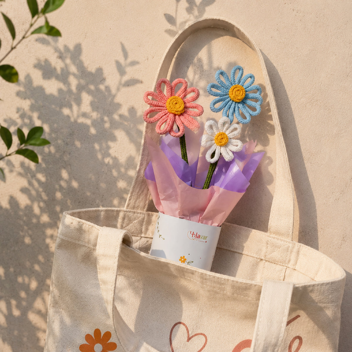 Pastel Bloom – Pastel knitted Flower Pot with Fragrance Roll-On