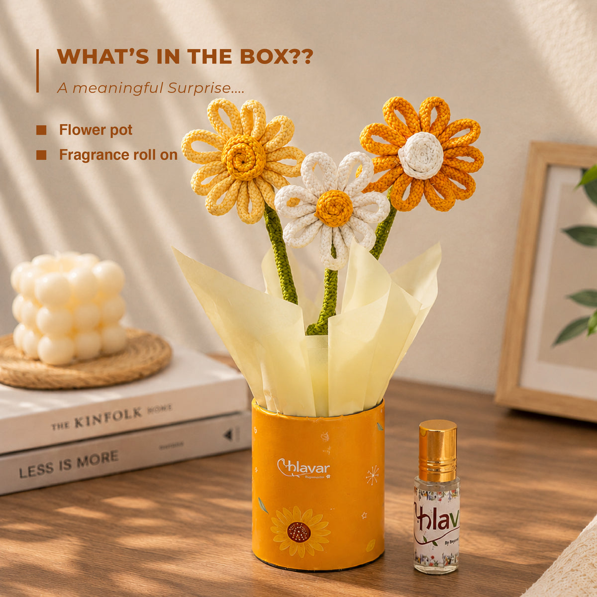 Sunshine Pop – Yellow Daisy Knitted Flower Pot with Fragrance Roll-On