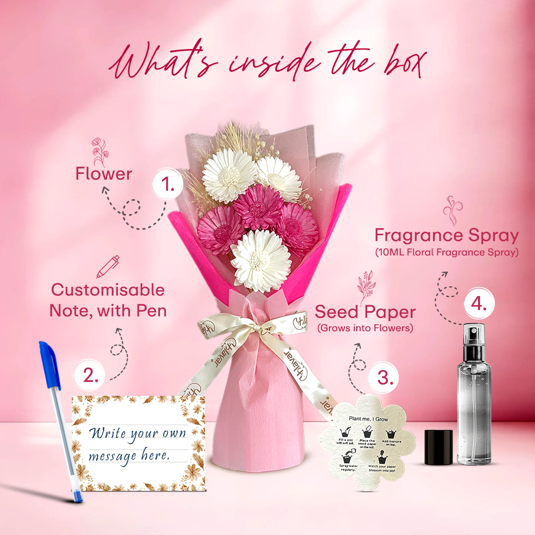 Pink & White Daisy Dried Flower Bouquet - Set of 6