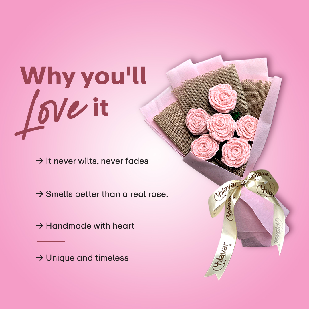 Pink Crochet Rose Bouquet – Set of 6