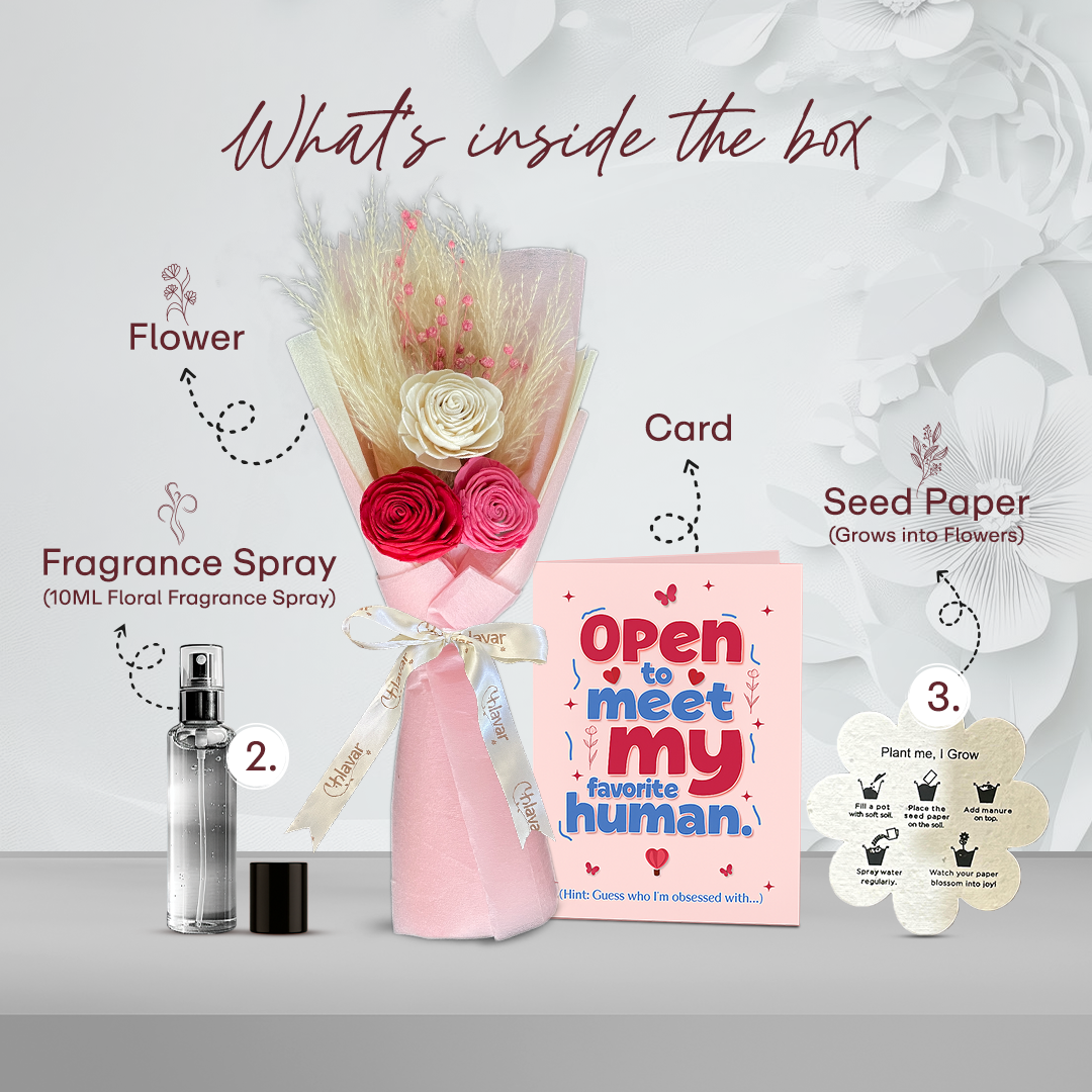 Romantic Rose Dried Flower Bouquet with Greeting Card